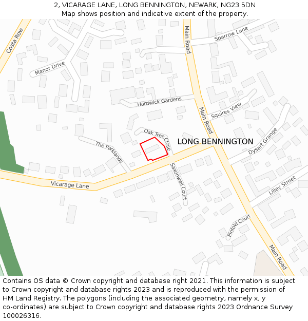 2, VICARAGE LANE, LONG BENNINGTON, NEWARK, NG23 5DN: Location map and indicative extent of plot