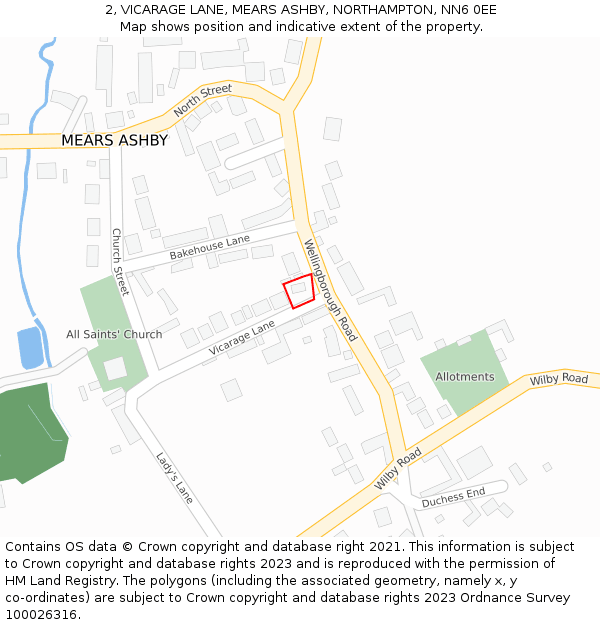 2, VICARAGE LANE, MEARS ASHBY, NORTHAMPTON, NN6 0EE: Location map and indicative extent of plot
