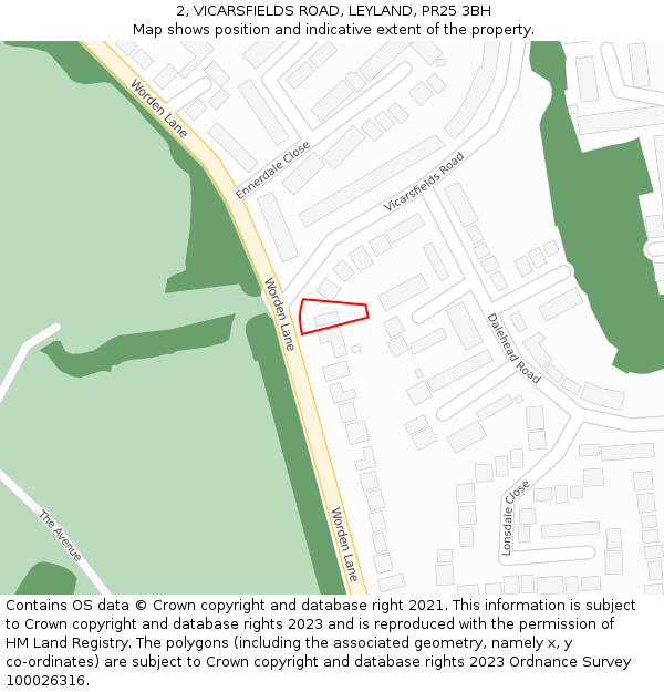 2, VICARSFIELDS ROAD, LEYLAND, PR25 3BH: Location map and indicative extent of plot