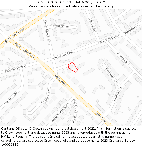 2, VILLA GLORIA CLOSE, LIVERPOOL, L19 9EY: Location map and indicative extent of plot