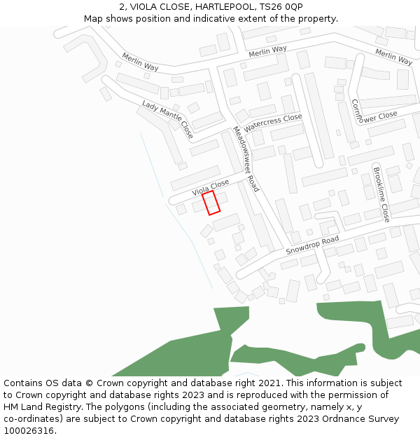 2, VIOLA CLOSE, HARTLEPOOL, TS26 0QP: Location map and indicative extent of plot