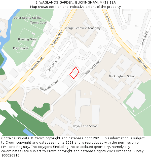 2, WAGLANDS GARDEN, BUCKINGHAM, MK18 1EA: Location map and indicative extent of plot