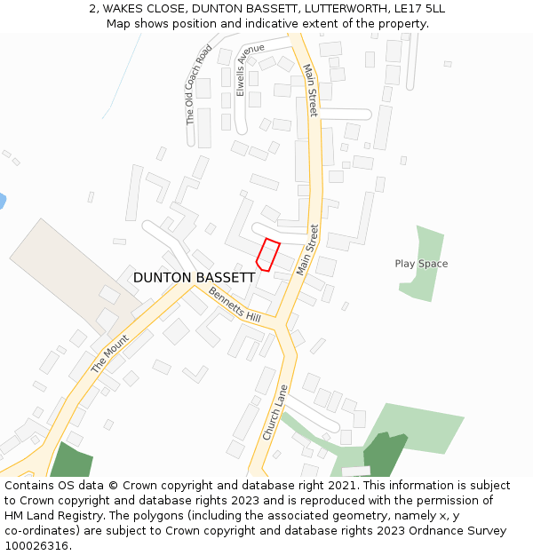 2, WAKES CLOSE, DUNTON BASSETT, LUTTERWORTH, LE17 5LL: Location map and indicative extent of plot