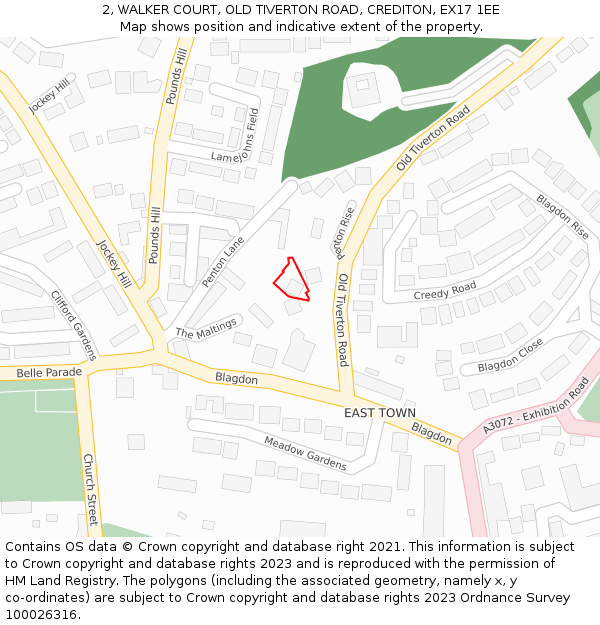 2, WALKER COURT, OLD TIVERTON ROAD, CREDITON, EX17 1EE: Location map and indicative extent of plot