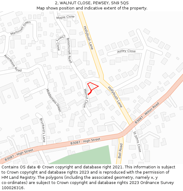 2, WALNUT CLOSE, PEWSEY, SN9 5QS: Location map and indicative extent of plot