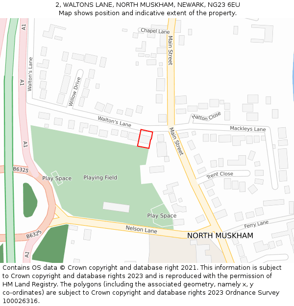 2, WALTONS LANE, NORTH MUSKHAM, NEWARK, NG23 6EU: Location map and indicative extent of plot