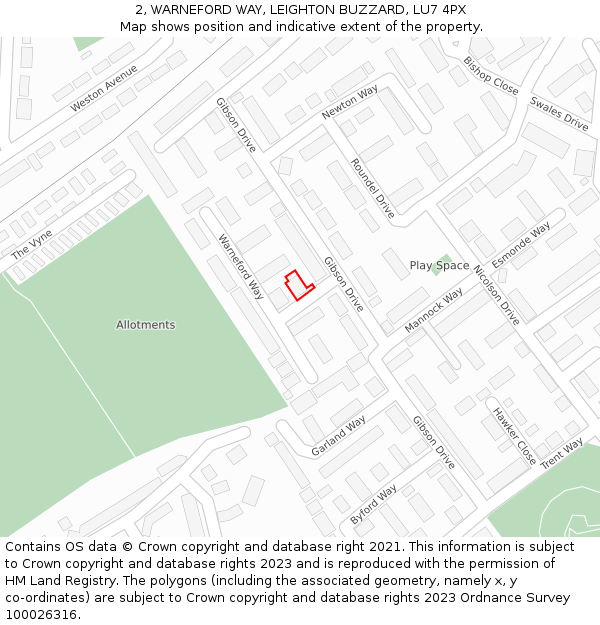 2, WARNEFORD WAY, LEIGHTON BUZZARD, LU7 4PX: Location map and indicative extent of plot