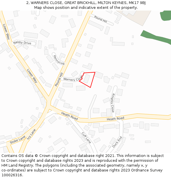 2, WARNERS CLOSE, GREAT BRICKHILL, MILTON KEYNES, MK17 9BJ: Location map and indicative extent of plot