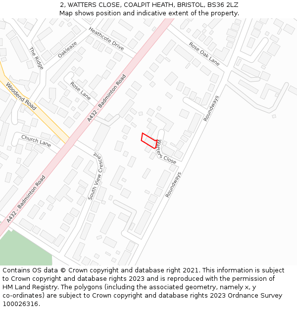 2, WATTERS CLOSE, COALPIT HEATH, BRISTOL, BS36 2LZ: Location map and indicative extent of plot