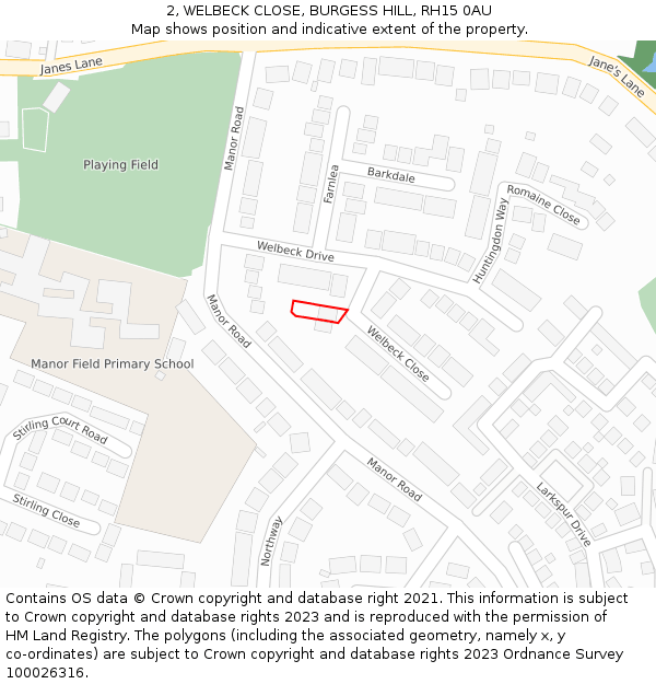 2, WELBECK CLOSE, BURGESS HILL, RH15 0AU: Location map and indicative extent of plot