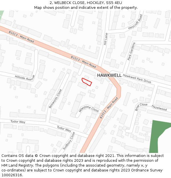 2, WELBECK CLOSE, HOCKLEY, SS5 4EU: Location map and indicative extent of plot