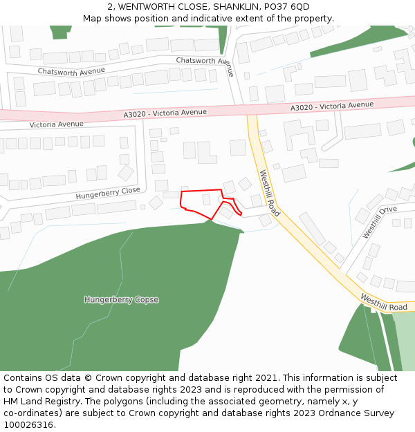 2, WENTWORTH CLOSE, SHANKLIN, PO37 6QD: Location map and indicative extent of plot