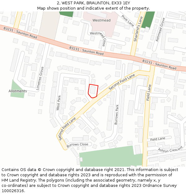 2, WEST PARK, BRAUNTON, EX33 1EY: Location map and indicative extent of plot