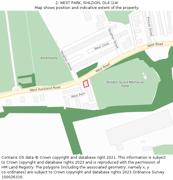 2, WEST PARK, SHILDON, DL4 1LW: Location map and indicative extent of plot