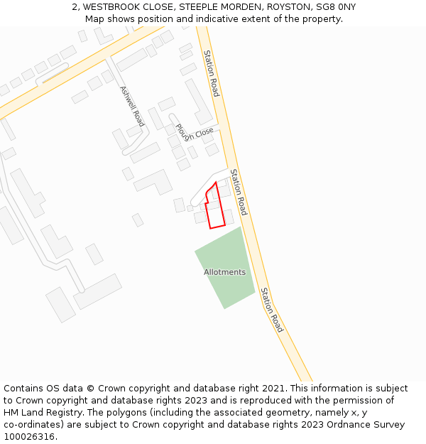 2, WESTBROOK CLOSE, STEEPLE MORDEN, ROYSTON, SG8 0NY: Location map and indicative extent of plot