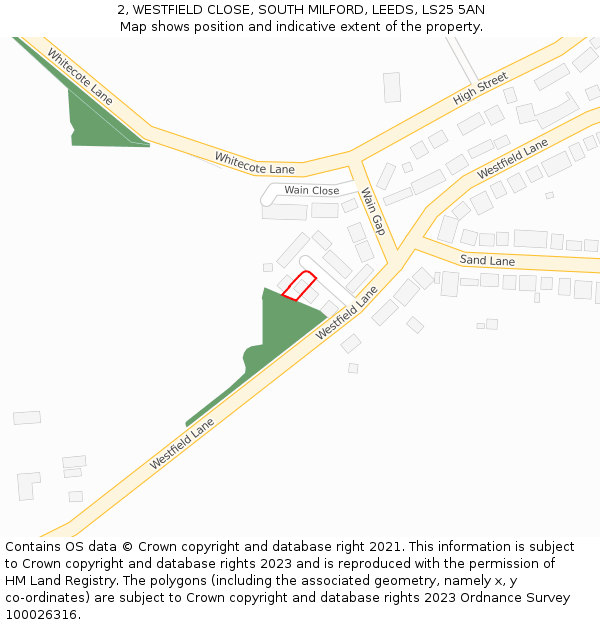 2, WESTFIELD CLOSE, SOUTH MILFORD, LEEDS, LS25 5AN: Location map and indicative extent of plot