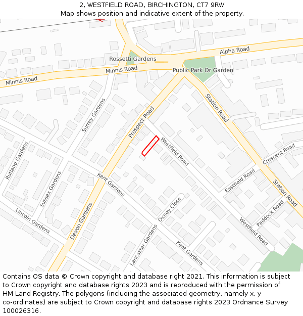 2, WESTFIELD ROAD, BIRCHINGTON, CT7 9RW: Location map and indicative extent of plot