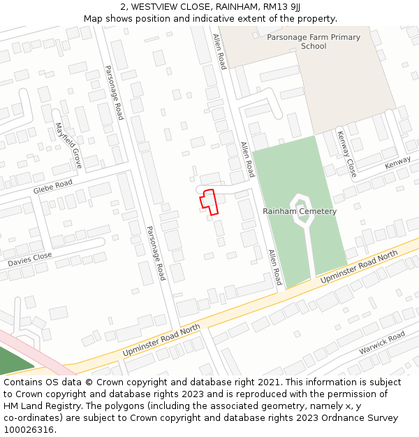 2, WESTVIEW CLOSE, RAINHAM, RM13 9JJ: Location map and indicative extent of plot