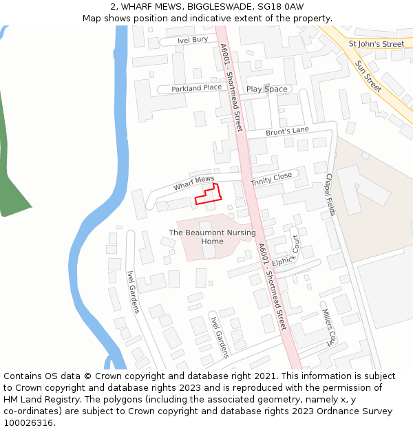 2, WHARF MEWS, BIGGLESWADE, SG18 0AW: Location map and indicative extent of plot