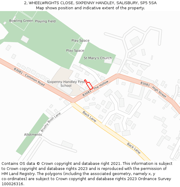 2, WHEELWRIGHTS CLOSE, SIXPENNY HANDLEY, SALISBURY, SP5 5SA: Location map and indicative extent of plot