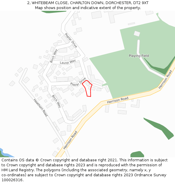 2, WHITEBEAM CLOSE, CHARLTON DOWN, DORCHESTER, DT2 9XT: Location map and indicative extent of plot
