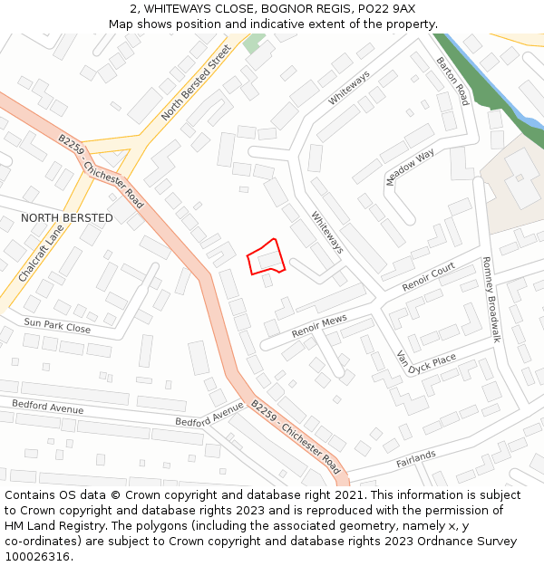 2, WHITEWAYS CLOSE, BOGNOR REGIS, PO22 9AX: Location map and indicative extent of plot