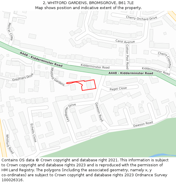 2, WHITFORD GARDENS, BROMSGROVE, B61 7LE: Location map and indicative extent of plot