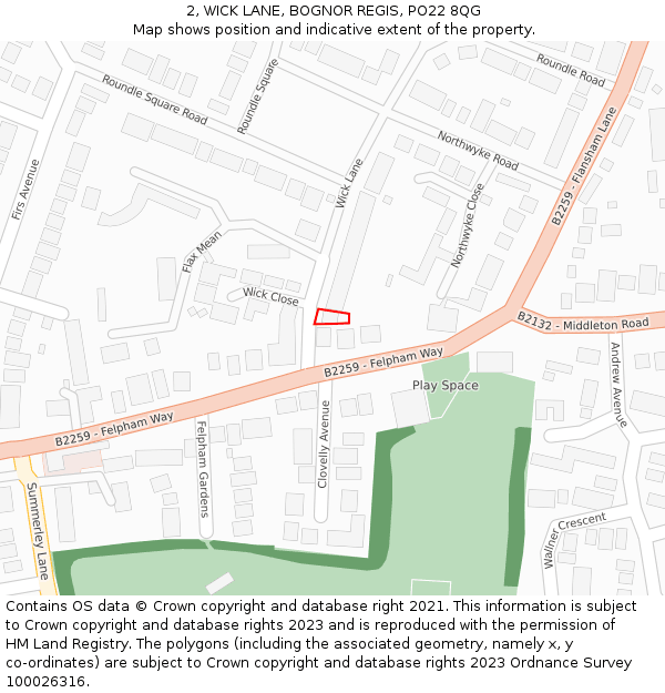 2, WICK LANE, BOGNOR REGIS, PO22 8QG: Location map and indicative extent of plot