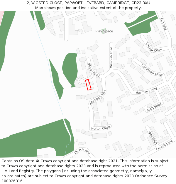 2, WIGSTED CLOSE, PAPWORTH EVERARD, CAMBRIDGE, CB23 3XU: Location map and indicative extent of plot