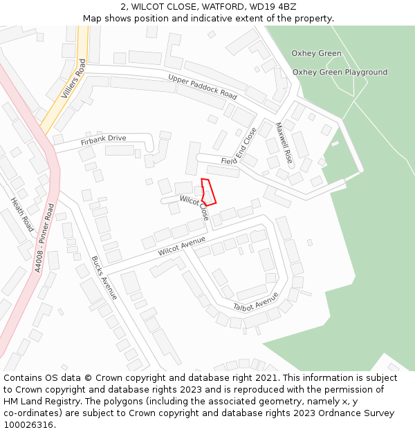2, WILCOT CLOSE, WATFORD, WD19 4BZ: Location map and indicative extent of plot