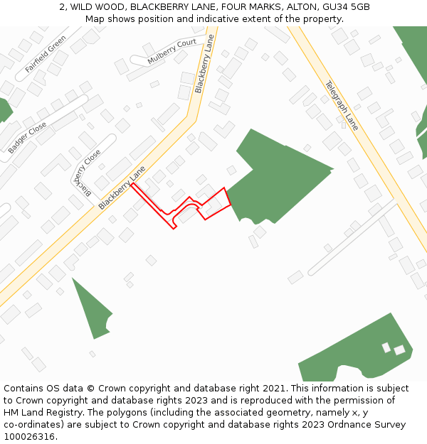 2, WILD WOOD, BLACKBERRY LANE, FOUR MARKS, ALTON, GU34 5GB: Location map and indicative extent of plot