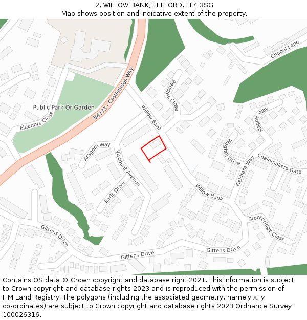 2, WILLOW BANK, TELFORD, TF4 3SG: Location map and indicative extent of plot