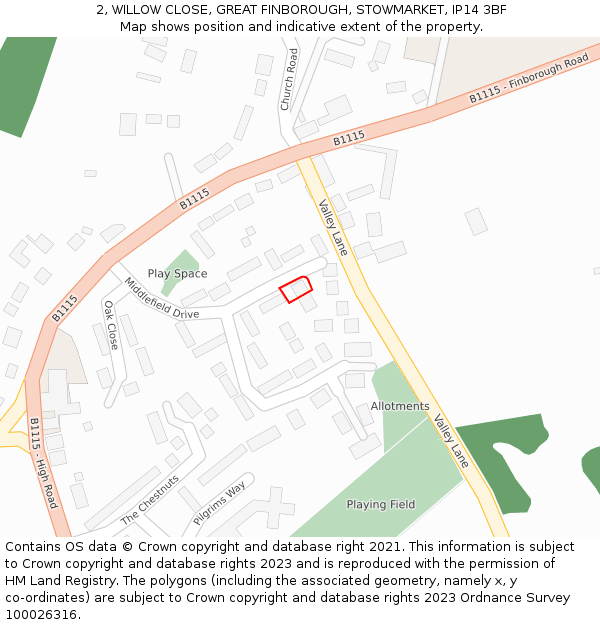 2, WILLOW CLOSE, GREAT FINBOROUGH, STOWMARKET, IP14 3BF: Location map and indicative extent of plot