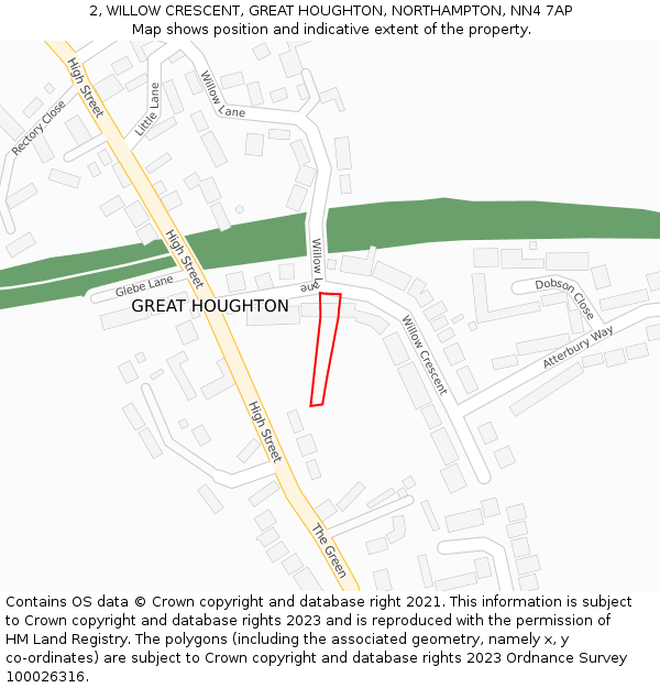 2, WILLOW CRESCENT, GREAT HOUGHTON, NORTHAMPTON, NN4 7AP: Location map and indicative extent of plot