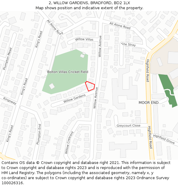 2, WILLOW GARDENS, BRADFORD, BD2 1LX: Location map and indicative extent of plot