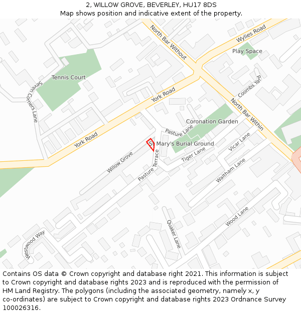 2, WILLOW GROVE, BEVERLEY, HU17 8DS: Location map and indicative extent of plot