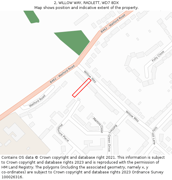 2, WILLOW WAY, RADLETT, WD7 8DX: Location map and indicative extent of plot