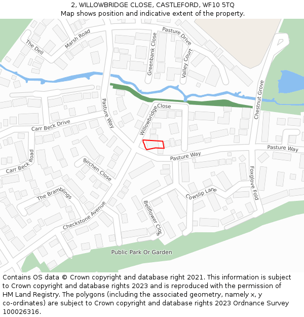 2, WILLOWBRIDGE CLOSE, CASTLEFORD, WF10 5TQ: Location map and indicative extent of plot