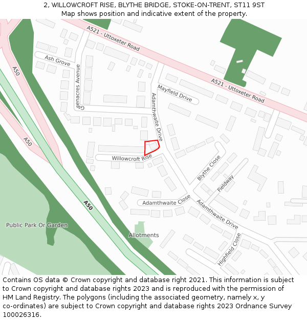 2, WILLOWCROFT RISE, BLYTHE BRIDGE, STOKE-ON-TRENT, ST11 9ST: Location map and indicative extent of plot