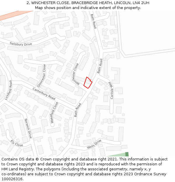 2, WINCHESTER CLOSE, BRACEBRIDGE HEATH, LINCOLN, LN4 2UH: Location map and indicative extent of plot