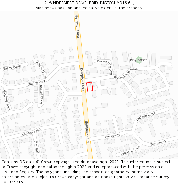 2, WINDERMERE DRIVE, BRIDLINGTON, YO16 6HJ: Location map and indicative extent of plot