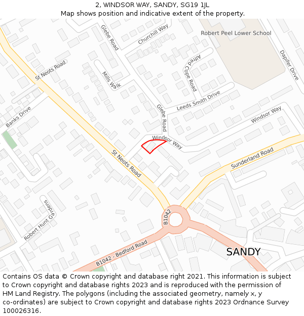 2, WINDSOR WAY, SANDY, SG19 1JL: Location map and indicative extent of plot