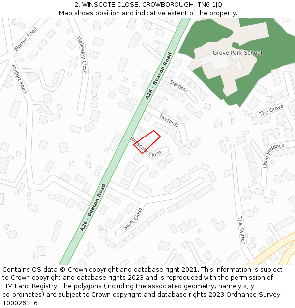 2, WINSCOTE CLOSE, CROWBOROUGH, TN6 1JQ: Location map and indicative extent of plot