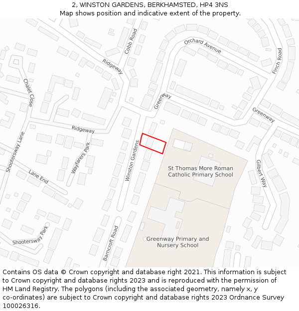 2, WINSTON GARDENS, BERKHAMSTED, HP4 3NS: Location map and indicative extent of plot