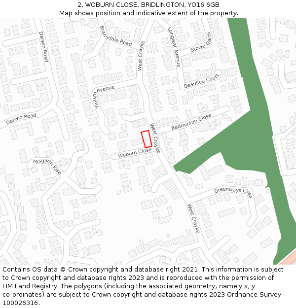 2, WOBURN CLOSE, BRIDLINGTON, YO16 6GB: Location map and indicative extent of plot