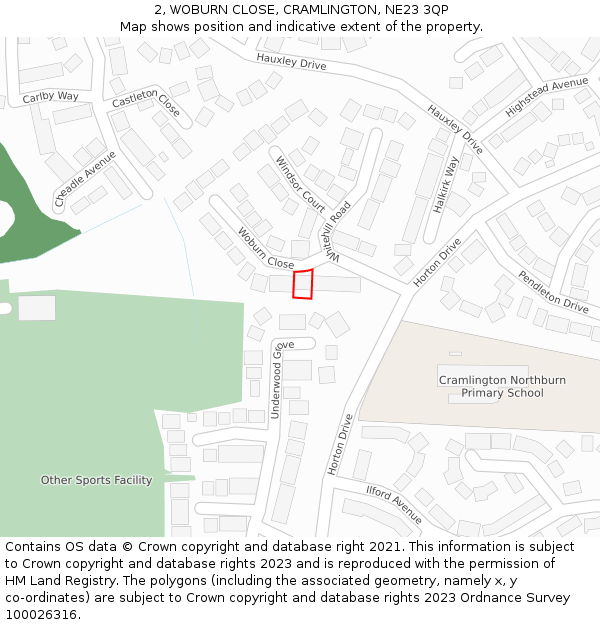 2, WOBURN CLOSE, CRAMLINGTON, NE23 3QP: Location map and indicative extent of plot