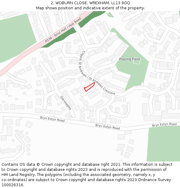 2, WOBURN CLOSE, WREXHAM, LL13 9GQ: Location map and indicative extent of plot