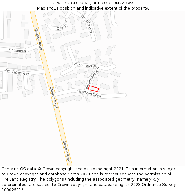 2, WOBURN GROVE, RETFORD, DN22 7WX: Location map and indicative extent of plot