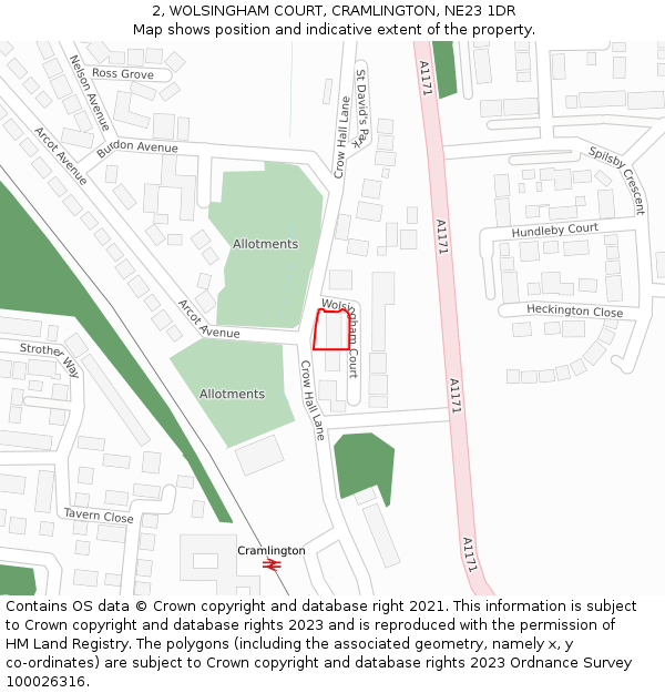 2, WOLSINGHAM COURT, CRAMLINGTON, NE23 1DR: Location map and indicative extent of plot
