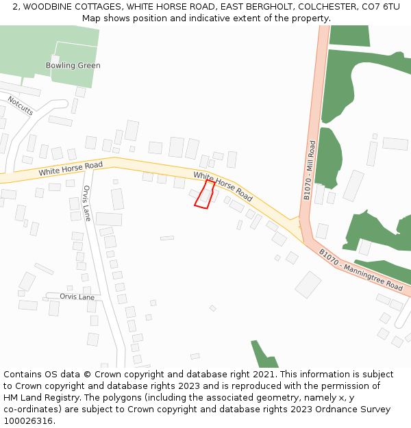 2, WOODBINE COTTAGES, WHITE HORSE ROAD, EAST BERGHOLT, COLCHESTER, CO7 6TU: Location map and indicative extent of plot